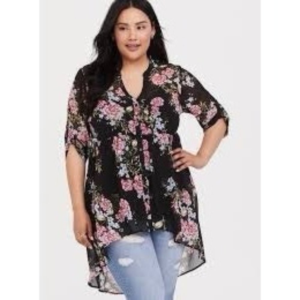 TORRID BLACK FLORAL CHIFFON HI-LO BABYDOLL TUNIC 6